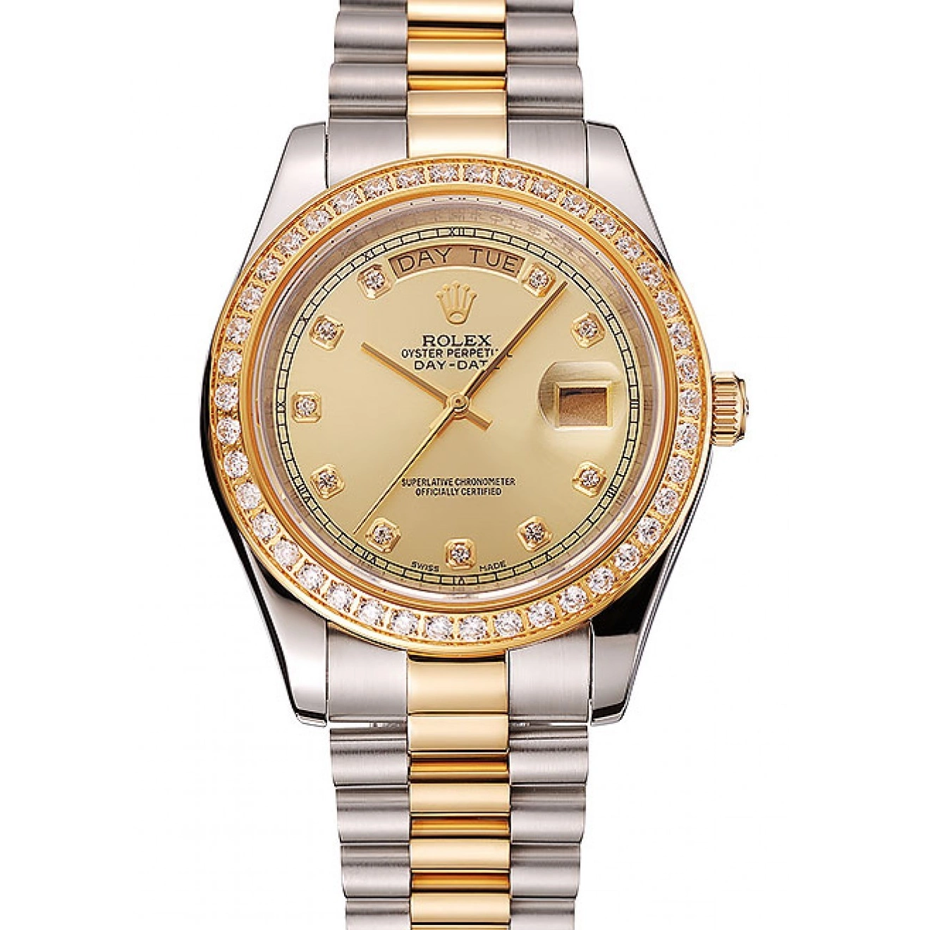 Aaa fake watches Rolex Champagne Case Day-Date Diamond Bracelet Tone Dial 1453974 Stainless Two Gold Swiss Steel 0818